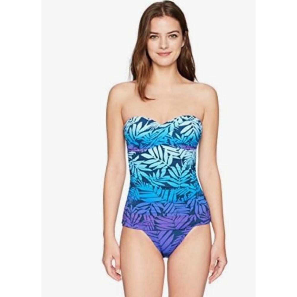 Bleu Rod Beattie Twist Bandeau One-piece Halter Hawaiian Leaf Swimsuit Size 6